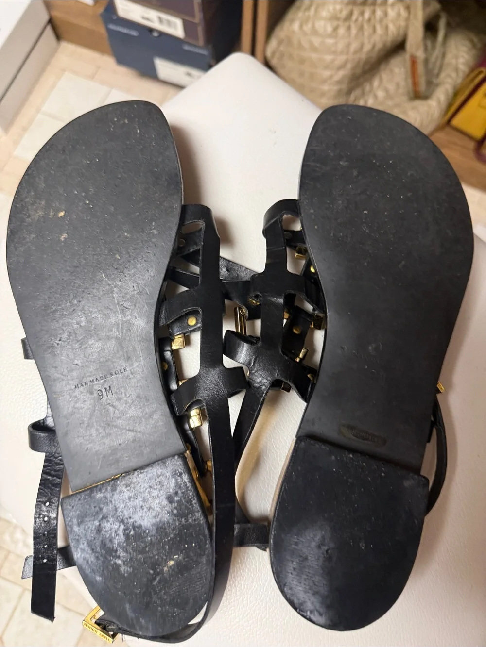 Tory Burch Black Leather Gladiator Sandals with Gold Studs
